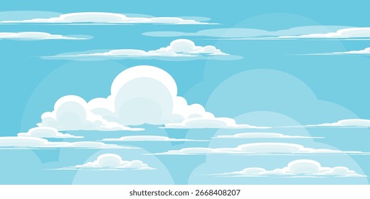 Cielo con la ilustración de las nubes en estilo plano. Cielo y fondo de nubes. Ilustración de dibujos animados de Vector nublado en color azul. Fondo de pantalla abstracto de Naturaleza.