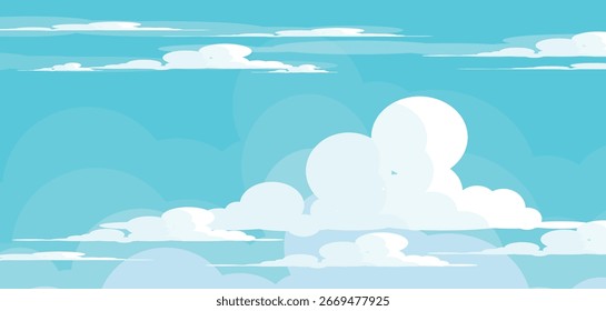 Cielo con la ilustración de las nubes en estilo plano. Cielo y fondo de nubes. Ilustración de dibujos animados de Vector nublado en color azul. Naturaleza abstracta fondo de pantalla