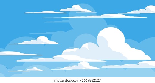Ilustração de Céu com Nuvens em estilo plano. Fundo do céu e das nuvens. Ilustração de desenho animado de vetor nublado em cor azul. Natureza abstrata papel de parede