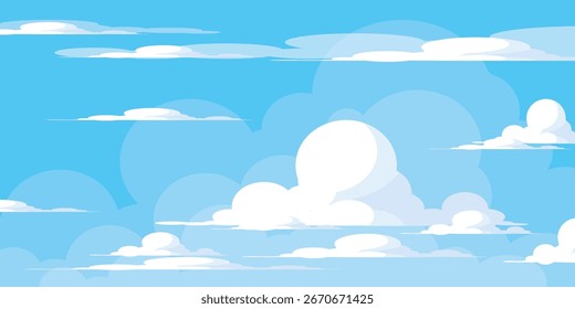 Cielo con la ilustración de las nubes en estilo plano. Cielo y fondo de nubes. Ilustración de dibujos animados de Vector nublado en color azul. Naturaleza abstracta fondo de pantalla