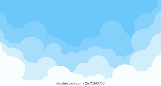Sky with Clouds illustration in flat style. Sky and clouds background. Cloudy vector cartoon illustration in blue color. Nature abstract wallpaper