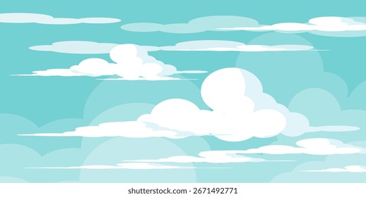 Himmel mit Wolken Illustration im flachen Stil. Himmel und Wolken Hintergrund. Trübe Vektorkarikatur in blauer Farbe. Natur abstrakte Tapete