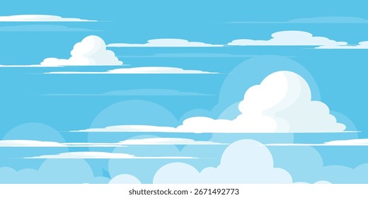 Cielo con la ilustración de las nubes en estilo plano. Cielo y fondo de nubes. Ilustración de dibujos animados de Vector nublado en color azul. Naturaleza abstracta fondo de pantalla