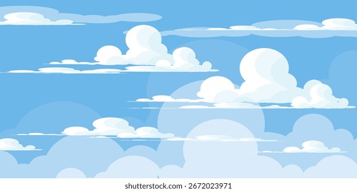 Sky with Clouds illustration in flat style. Sky and clouds background. Cloudy vector cartoon illustration in blue color. Nature abstract wallpaper