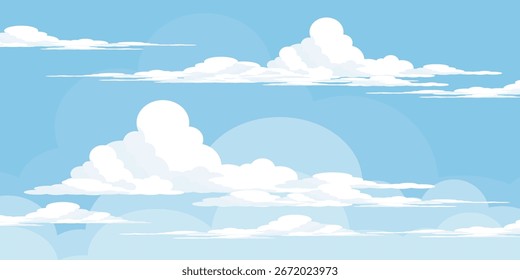 Ilustração de Céu com Nuvens em estilo plano. Fundo do céu e das nuvens. Ilustração de desenho animado de vetor nublado em cor azul. Natureza abstrata papel de parede