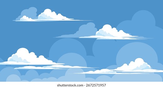 Sky with Clouds illustration in flat style. Sky and clouds background. Cloudy vector cartoon illustration in blue color. Nature abstract wallpaper