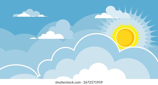 Cielo con la ilustración de las nubes en estilo plano. Cielo y fondo de nubes. Ilustración de dibujos animados de Vector nublado en color azul. Naturaleza abstracta fondo de pantalla