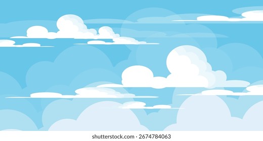 Cielo con la ilustración de las nubes en estilo plano. Cielo y fondo de nubes. Ilustración de dibujos animados de Vector nublado en color azul. Naturaleza abstracta fondo de pantalla