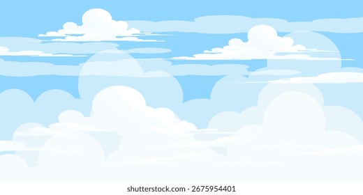 Sky with Clouds illustration in flat style. Sky and clouds background. Cloudy vector cartoon illustration in blue color. Nature abstract wallpaper