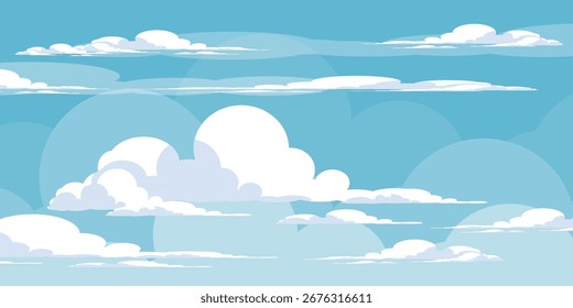 Sky with Clouds illustration in flat style. Sky and clouds background. Cloudy vector cartoon illustration in blue color. Nature abstract wallpaper