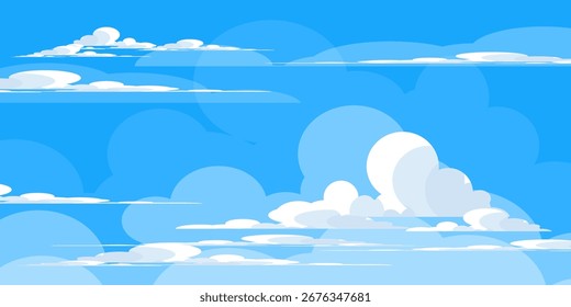 Sky with Clouds illustration in flat style. Sky and clouds background. Cloudy vector cartoon illustration in blue color. Nature abstract wallpaper