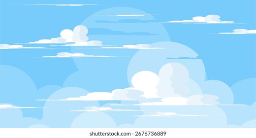 Sky with Clouds illustration in flat style. Sky and clouds background. Cloudy vector cartoon illustration in blue color. Nature abstract wallpaper