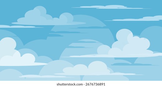 Cielo con la ilustración de las nubes en estilo plano. Cielo y fondo de nubes. Ilustración de dibujos animados de Vector nublado en color azul. Naturaleza abstracta fondo de pantalla
