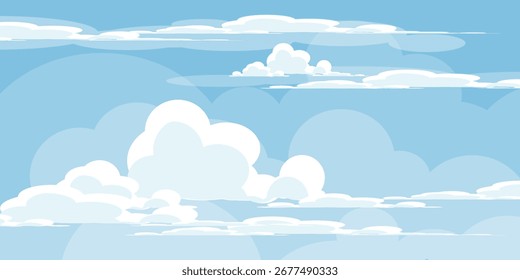 Cielo con la ilustración de las nubes en estilo plano. Cielo y fondo de nubes. Ilustración de dibujos animados de Vector nublado en color azul. Naturaleza abstracta fondo de pantalla