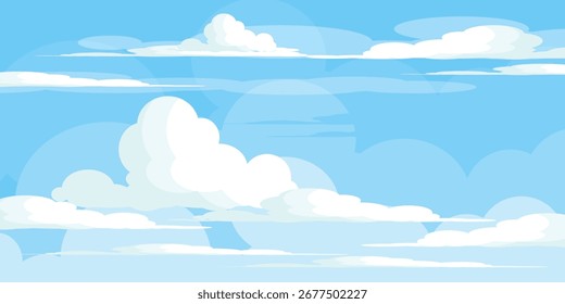 Cielo con la ilustración de las nubes en estilo plano. Cielo y fondo de nubes. Ilustración de dibujos animados de Vector nublado en color azul. Naturaleza abstracta fondo de pantalla