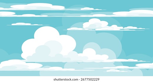 Cielo con la ilustración de las nubes en estilo plano. Cielo y fondo de nubes. Ilustración de dibujos animados de Vector nublado en color azul. Naturaleza abstracta fondo de pantalla