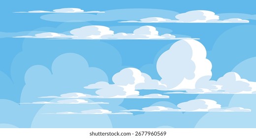 Cielo con la ilustración de las nubes en estilo plano. Cielo y fondo de nubes. Ilustración de dibujos animados de Vector nublado en color azul. Naturaleza abstracta fondo de pantalla