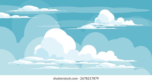 Cielo con la ilustración de las nubes en estilo plano. Cielo y fondo de nubes. Ilustración de dibujos animados de Vector nublado en color azul. Naturaleza abstracta fondo de pantalla