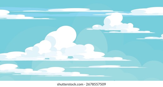 Sky with Clouds illustration in flat style. Sky and clouds background. Cloudy vector cartoon illustration in blue color. Nature abstract wallpaper