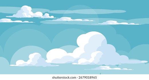 Ilustração de Céu com Nuvens em estilo plano. Fundo do céu e das nuvens. Ilustração de desenho animado de vetor nublado em cor azul. Natureza abstrata papel de parede