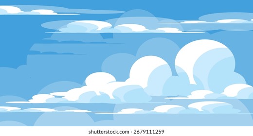 Ilustração de Céu com Nuvens em estilo plano. Fundo do céu e das nuvens. Ilustração de desenho animado de vetor nublado em cor azul. Natureza abstrata papel de parede
