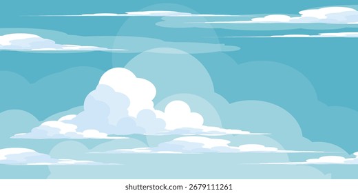 Cielo con la ilustración de las nubes en estilo plano. Cielo y fondo de nubes. Ilustración de dibujos animados de Vector nublado en color azul. Naturaleza abstracta fondo de pantalla