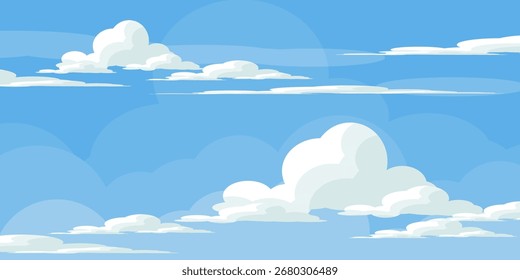 Sky with Clouds illustration in flat style. Sky and clouds background. Cloudy vector cartoon illustration in blue color. Nature abstract wallpaper