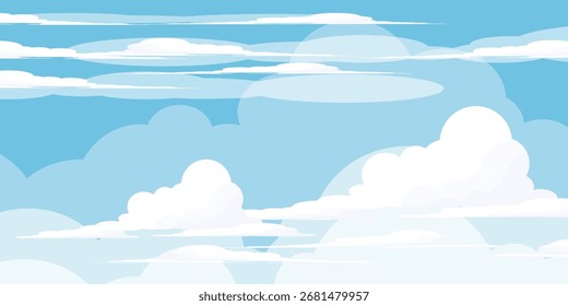 Sky with Clouds illustration in flat style. Sky and clouds background. Cloudy vector cartoon illustration in blue color. Nature abstract wallpaper