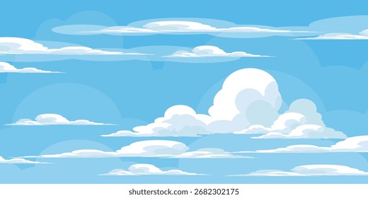 Sky with Clouds illustration in flat style. Sky and clouds background. Cloudy vector cartoon illustration in blue color. Nature abstract wallpaper
