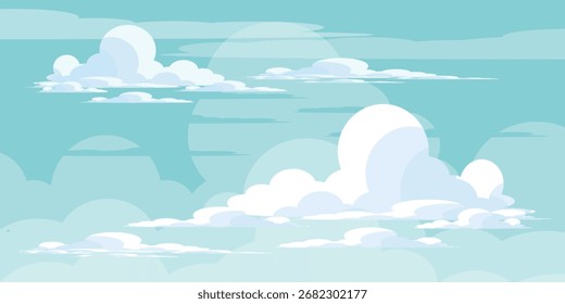 Himmel mit Wolken Illustration im flachen Stil. Himmel und Wolken Hintergrund. Trübe Vektorkarikatur in blauer Farbe. Natur abstrakte Tapete