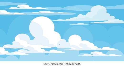 Sky with Clouds illustration in flat style. Sky and clouds background. Cloudy vector cartoon illustration in blue color. Nature abstract wallpaper