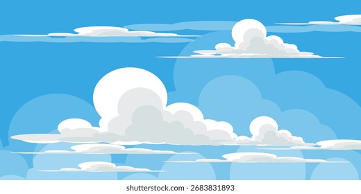 Cielo con la ilustración de las nubes en estilo plano. Cielo y fondo de nubes. Ilustración de dibujos animados de Vector nublado en color azul. Naturaleza abstracta fondo de pantalla