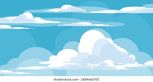 Sky with Clouds illustration in flat style. Sky and clouds background. Cloudy vector cartoon illustration in blue color. Nature abstract wallpaper
