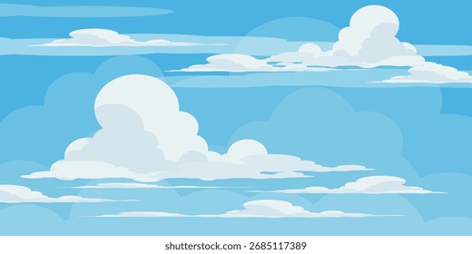 Himmel mit Wolken Illustration im flachen Stil. Himmel und Wolken Hintergrund. Trübe Vektorkarikatur in blauer Farbe. Natur abstrakte Tapete