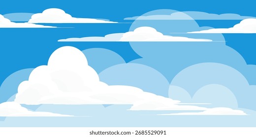 Sky with Clouds illustration in flat style. Sky and clouds background. Cloudy vector cartoon illustration in blue color. Nature abstract wallpaper