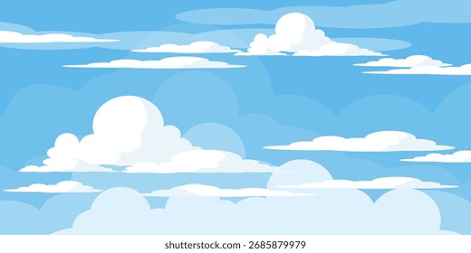 Cielo con la ilustración de las nubes en estilo plano. Cielo y fondo de nubes. Ilustración de dibujos animados de Vector nublado en color azul. Naturaleza abstracta fondo de pantalla