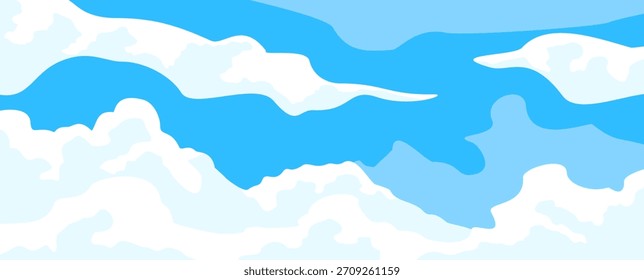 Cielo con la ilustración de las nubes en estilo plano. Cielo y fondo de nubes. Ilustración de dibujos animados de Vector nublado en color azul. Fondo de pantalla abstracto de Naturaleza.