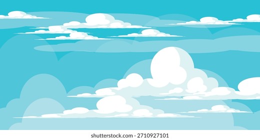 Cielo con la ilustración de las nubes en estilo plano. Cielo y fondo de nubes. Ilustración de dibujos animados de Vector nublado en color azul. Fondo de pantalla abstracto de Naturaleza.