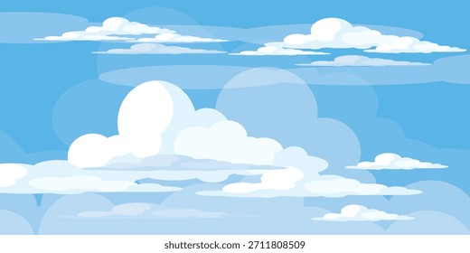 Himmel mit Wolken Illustration im flachen Stil. Himmel und Wolken Hintergrund. Trübe Vektorkarikatur in blauer Farbe. Natur abstrakte Tapete.
