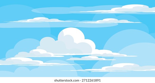 Ilustração de Céu com Nuvens em estilo plano. Fundo do céu e das nuvens. Ilustração de desenho animado de vetor nublado em cor azul. Natureza abstrata papel de parede.