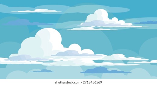 Cielo con la ilustración de las nubes en estilo plano. Cielo y fondo de nubes. Ilustración de dibujos animados de Vector nublado en color azul. Fondo de pantalla abstracto de Naturaleza.