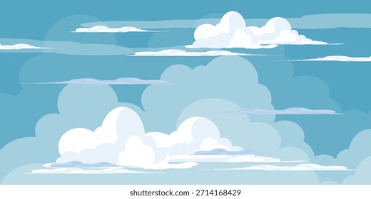 Cielo con la ilustración de las nubes en estilo plano. Cielo y fondo de nubes. Ilustración de dibujos animados de Vector nublado en color azul. Fondo de pantalla abstracto de Naturaleza.