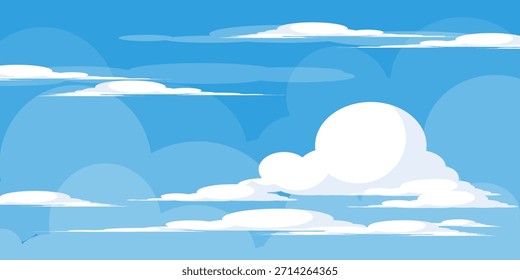 Cielo con la ilustración de las nubes en estilo plano. Cielo y fondo de nubes. Ilustración de dibujos animados de Vector nublado en color azul. Fondo de pantalla abstracto de Naturaleza.