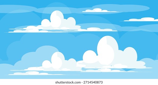 Cielo con la ilustración de las nubes en estilo plano. Cielo y fondo de nubes. Ilustración de dibujos animados de Vector nublado en color azul. Fondo de pantalla abstracto de Naturaleza.