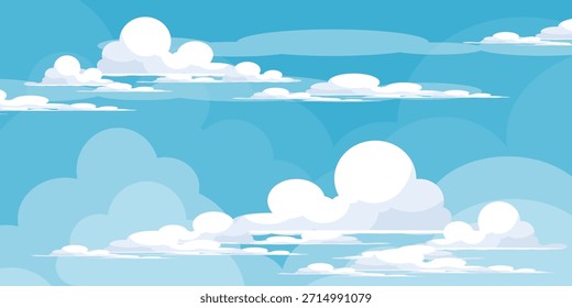 Cielo con la ilustración de las nubes en estilo plano. Cielo y fondo de nubes. Ilustración de dibujos animados de Vector nublado en color azul. Fondo de pantalla abstracto de Naturaleza.