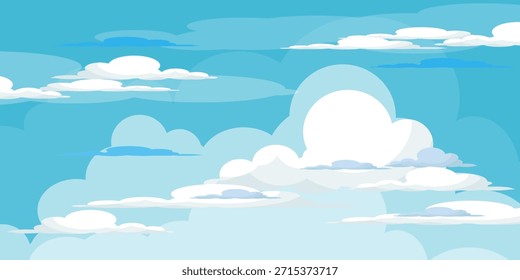 Cielo con la ilustración de las nubes en estilo plano. Cielo y fondo de nubes. Ilustración de dibujos animados de Vector nublado en color azul. Fondo de pantalla abstracto de Naturaleza.