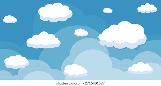 Cielo con la ilustración de las nubes en estilo plano. Cielo y fondo de nubes. Ilustración de dibujos animados de Vector nublado en color azul. Fondo de pantalla abstracto de Naturaleza.
