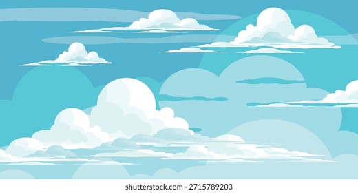 Cielo con la ilustración de las nubes en estilo plano. Cielo y fondo de nubes. Ilustración de dibujos animados de Vector nublado en color azul. Fondo de pantalla abstracto de Naturaleza.