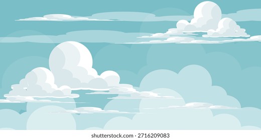 Cielo con la ilustración de las nubes en estilo plano. Cielo y fondo de nubes. Ilustración de dibujos animados de Vector nublado en color azul. Fondo de pantalla abstracto de Naturaleza.