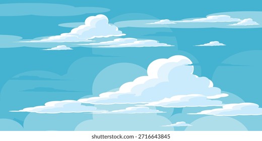 Cielo con la ilustración de las nubes en estilo plano. Cielo y fondo de nubes. Ilustración de dibujos animados de Vector nublado en color azul. Fondo de pantalla abstracto de Naturaleza.